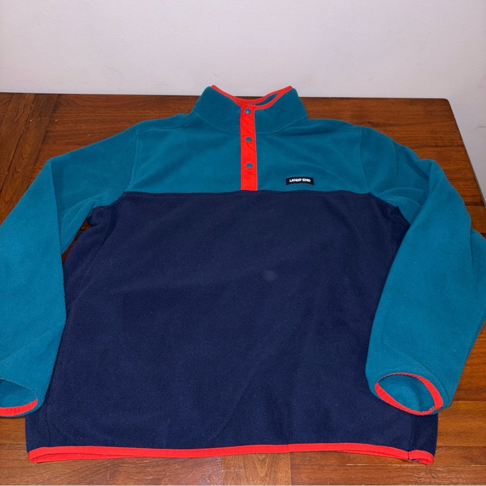 Lands' End Fleece Pullover Top Shirt Soft Stretch Teal Navy Orange Men's Size L
